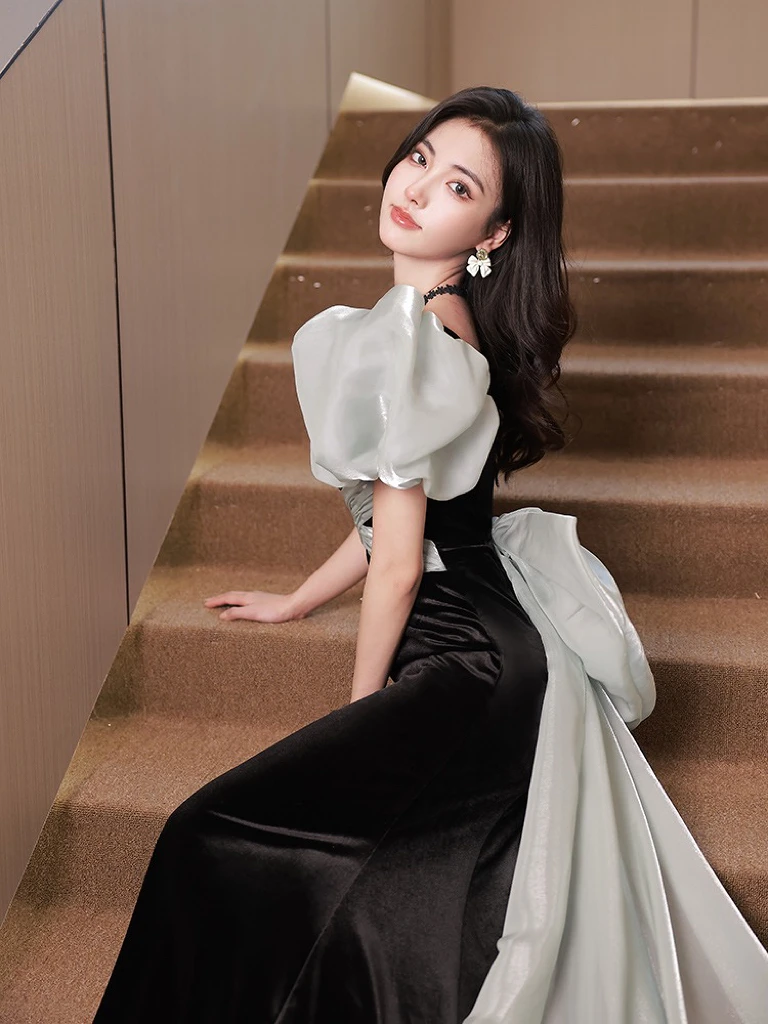 Black Velvet Prom Dress Puff Sleeve Bow Tailed Square Collar Zipper Mermaid Wedding Guest Evening Bridesmaid Party Gown