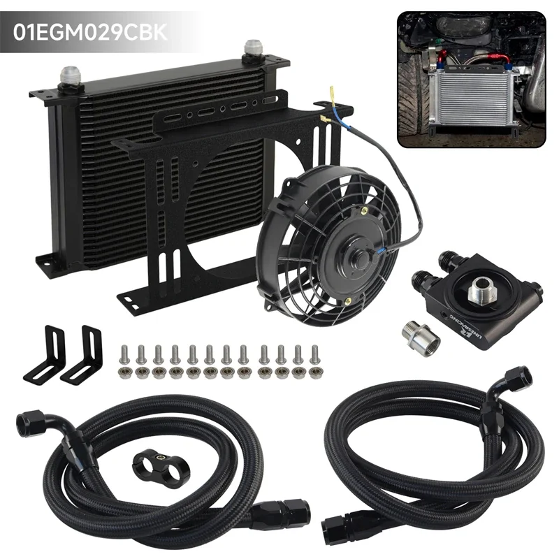 Universal 28 Row AN10 Thermostatic 73 Degree Oil Cooler Kit+7'' Fan w/Bracket Kit Transmission Engine Black/Silver