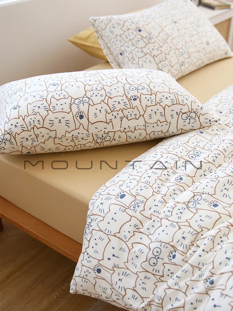 Cartoon printed knitted cotton four-piece pastoral floral pure cotton bedding double kit dormitory