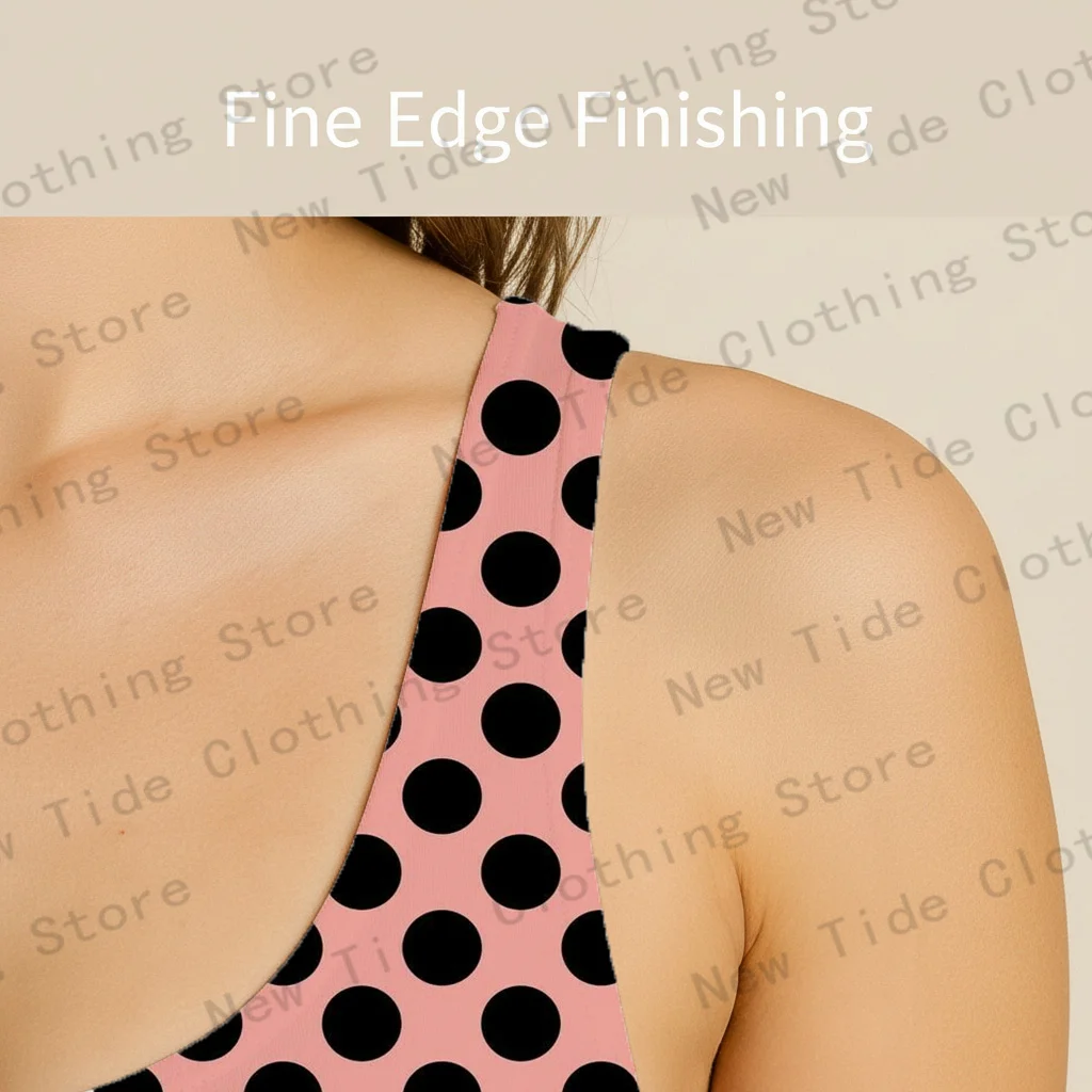 Damski różowo-czarny strój kąpielowy jednoczęściowy w grochy, bez rękawów, dopasowany, na plażę, wakacje letnie, do basenu.