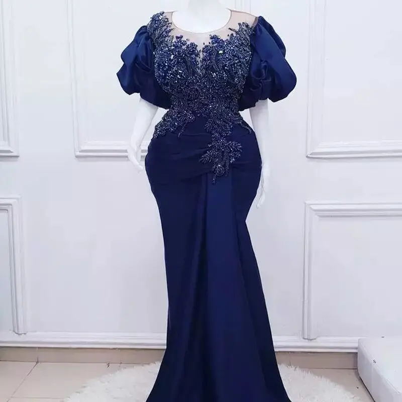 

Navy Blue Prom Dresses Long Luxury Mermaid Sheer Neck Beads Appliques Puffy Sleeves Formal Party Gowns Evening Dress Customized