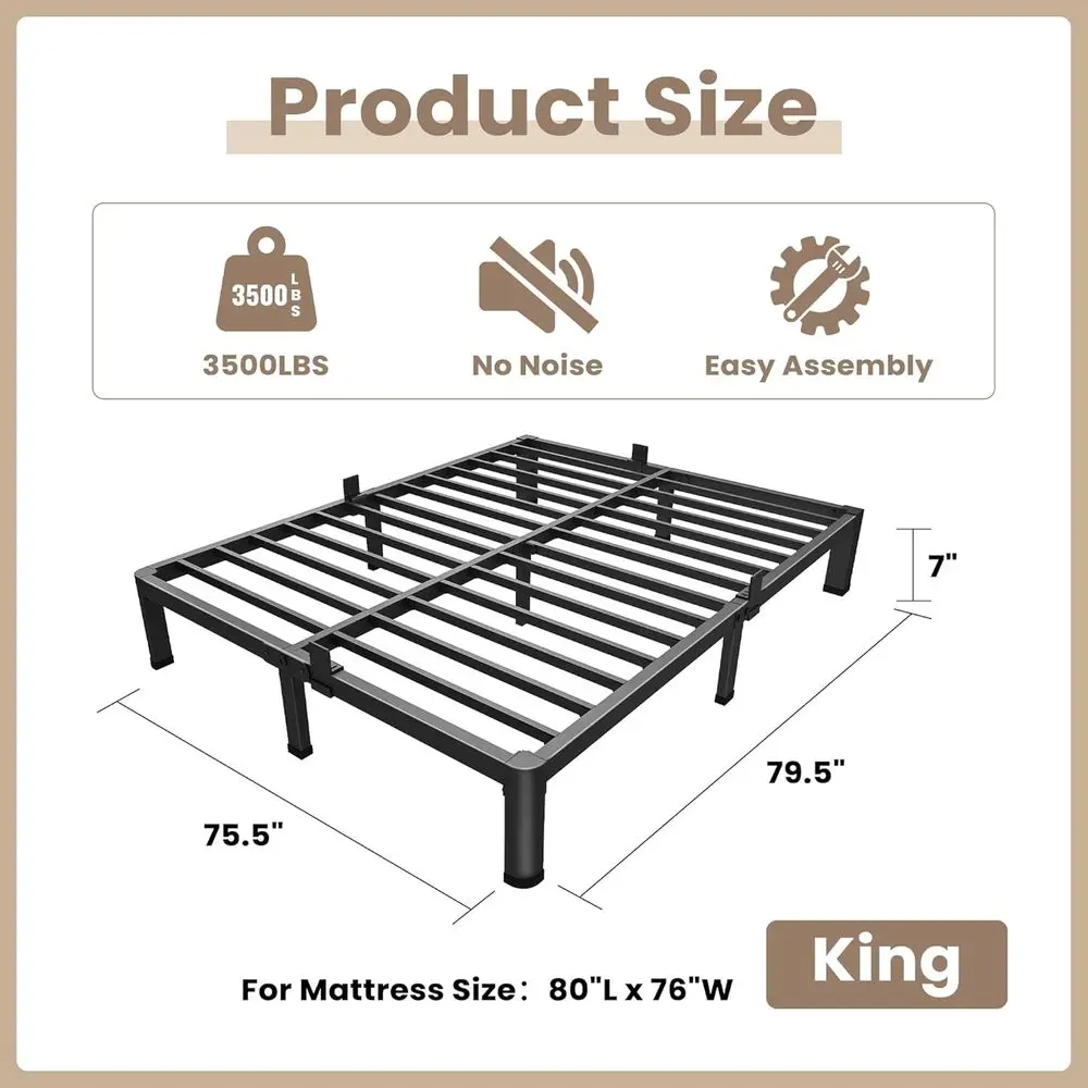 7 إطار سرير كينج معدني شديد التحمل بأرجل مستديرة، بدون زنبرك صندوق، مثبتات المراتب، سعة 3500 رطلاً، سهلة التجميع #2