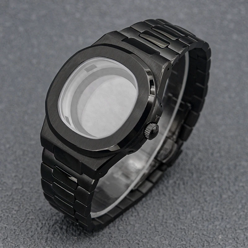 42mm Black Nautilus Watch Case Crown at 3.0 Fit 7S 4R NH34 NH35 PT5000 Japan Automatic Movement Replace Case Customized Logo