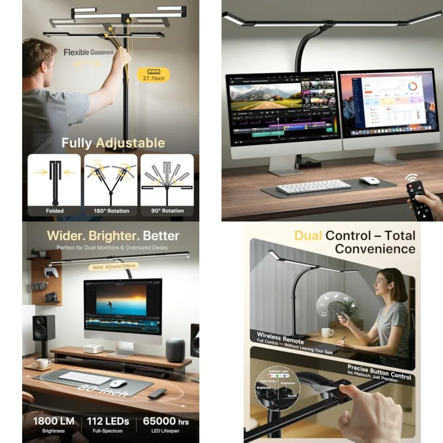 

42" LED Desk Lamp for Home Office, Eye-Caring Desk Light with Adjustable 4-Segment Bar, 1800LM Bright, Remote, Architect Table
