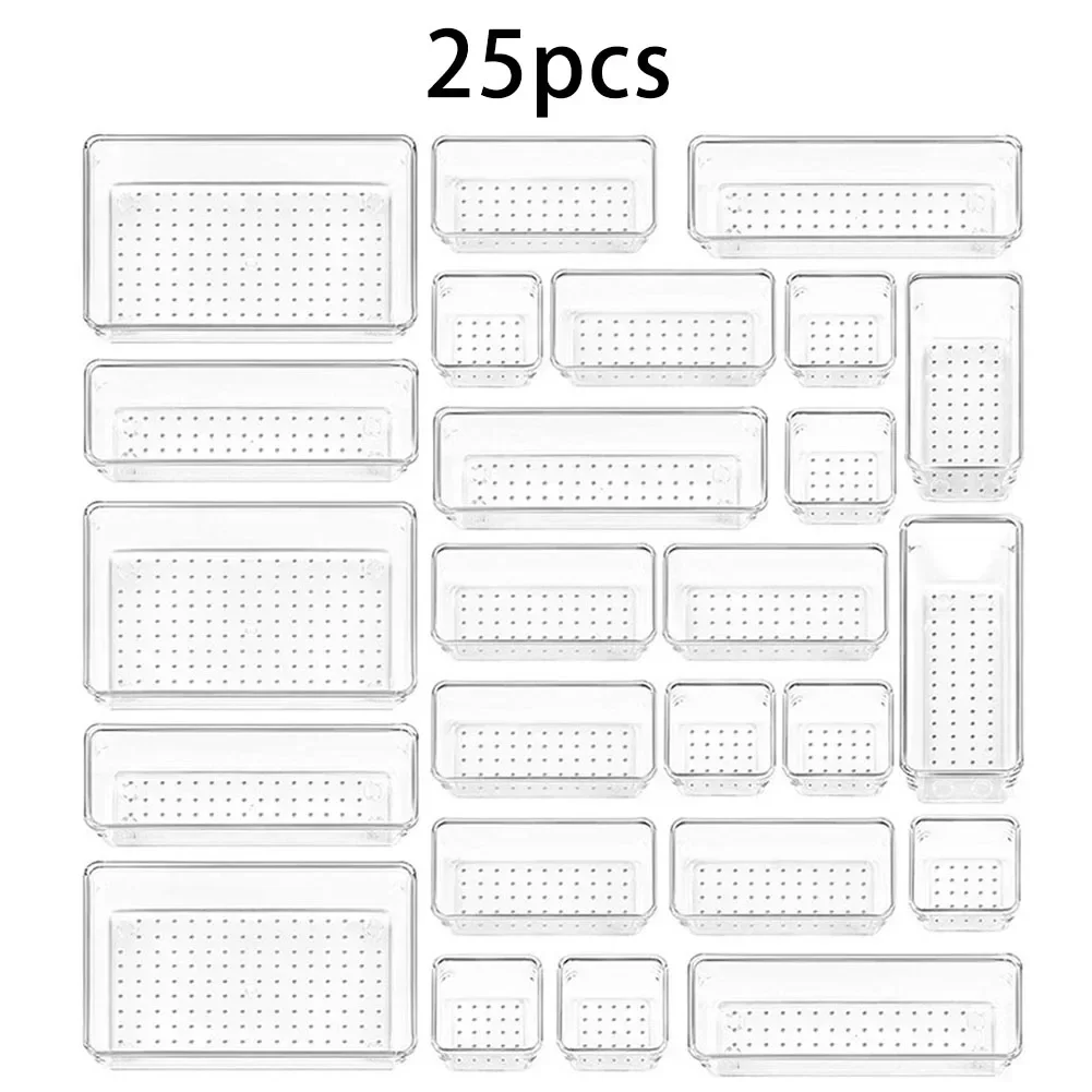 13/25 Pcs Versatile Drawer Organizer Set - Clear Plastic Trays And Dividers In 4 Sizes For Perfect Makeup And Kitchen Storage