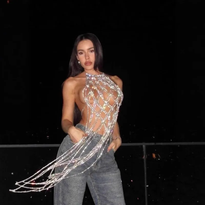 Women Sexy Hand Crochet Sequins Tassel Camis Hollow Out See Through Halter Backless Body Chain Bohemian Vest Party Clubwear Tank