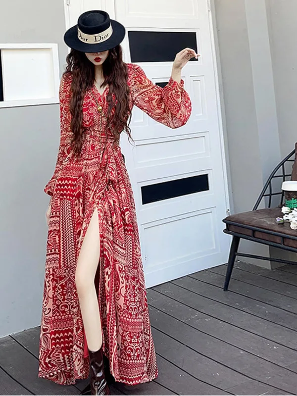 Fragmented Flower Young Women's Long sleeved Dress Korean Version New Autumn Split Battle Robe with a sexy V-neck at waist U92F