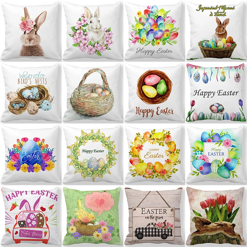 Happy Easter Home Decorative Cushion Cover 45x45cm Cartoon Bunny Easter Eggs Printed Pillow Cover Square Pillowcase for Couch