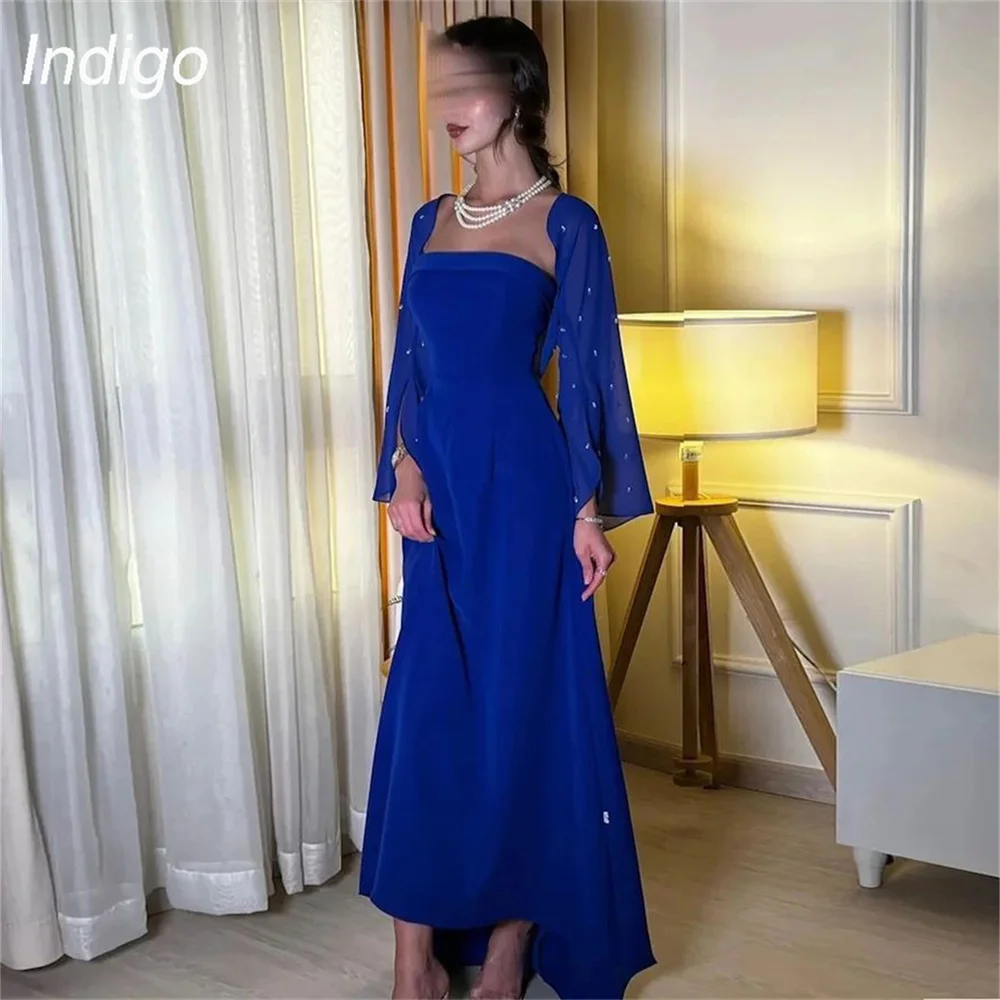 

Indigo Prom Dress A-Line Long Sleeves Strapless Ankle-Length Beading Chiffon Simple Elegant Evening Gowns For Women فساتين الس