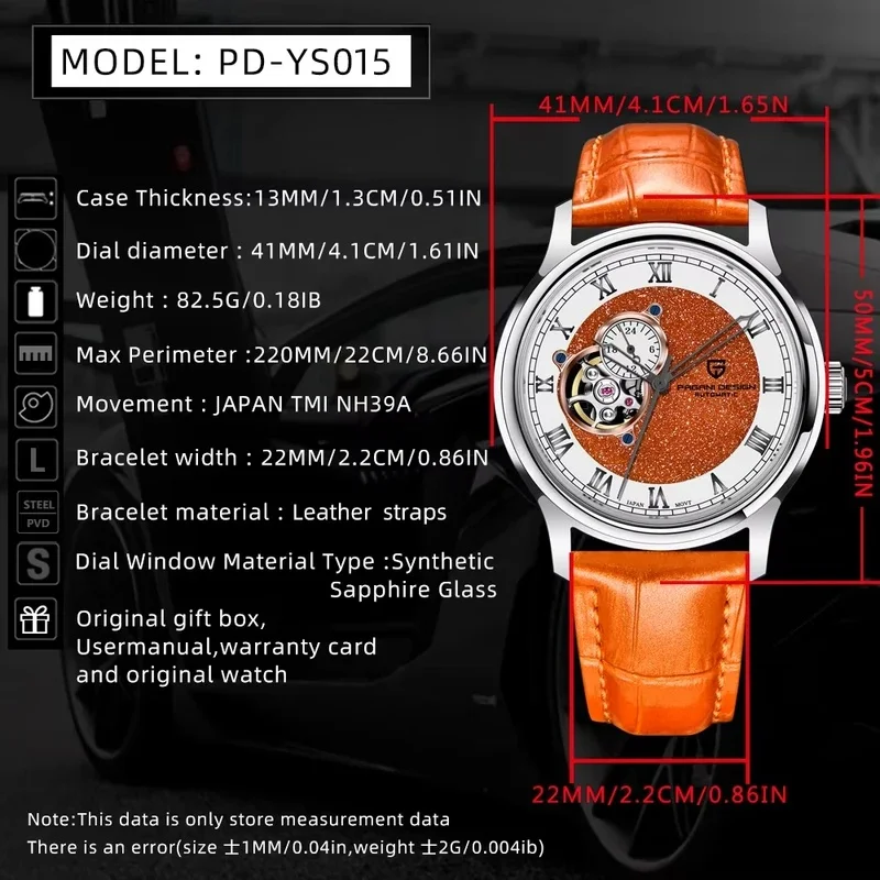 PAGANI DESIGN Men's Automatic Watch PD-YS015-41MM 41MM Tourbillon Roman Dial Sapphire Crystal NH39 Movement Casual Wristwatch
