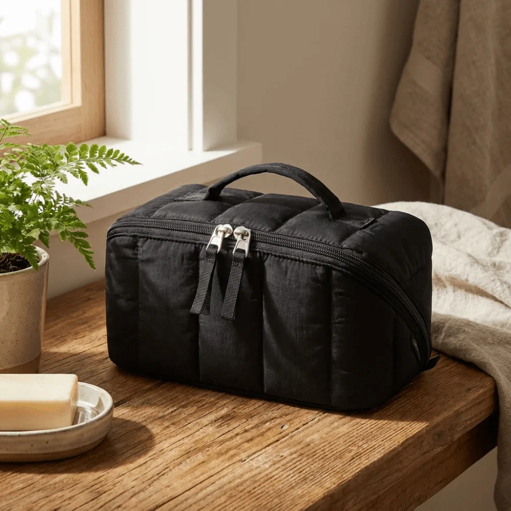 Cute Water-resistant Puffy Padded Makeup Bag Open Flat Large Capacity Toiletry Bag Handheld Portable Cosmetic Case Daily Use