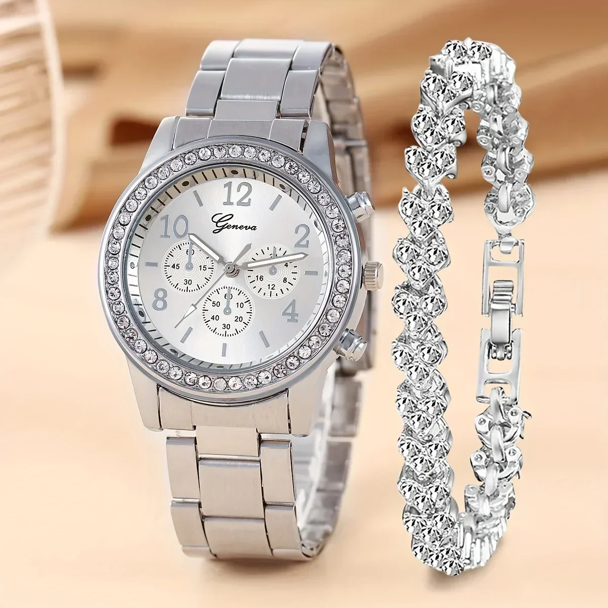 Fashion Geneva Women's Wrist Watch & Bracelet Set, Round Crystal Rim Dial Stainless Steel Band Quartz Watch for Party Gift