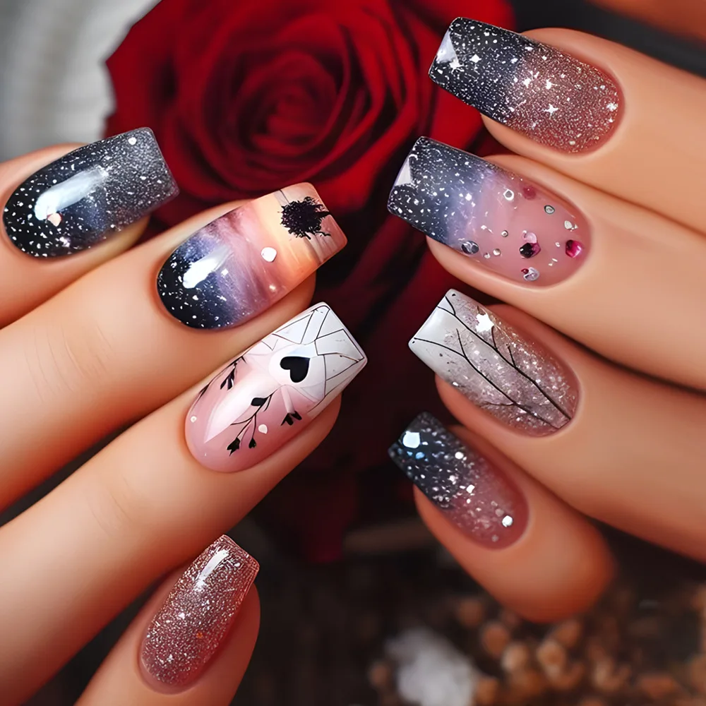 24Pcs Fake Nails with Colorful Starry Sky Square Press on Nails Full Cover Dreamy Star Moon Meteor Girl Detachable Nail Tips Art