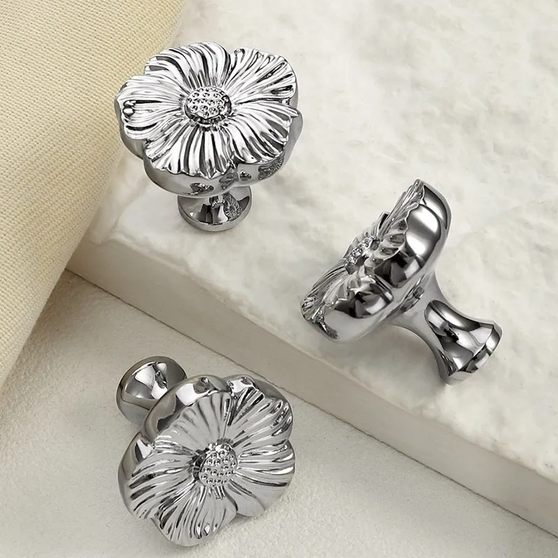 1PC  French Silver Brass Cabinet Door Handle Wardrobe Drawer Cabinet Door Handle Simple Chrome Plated Copper Handle