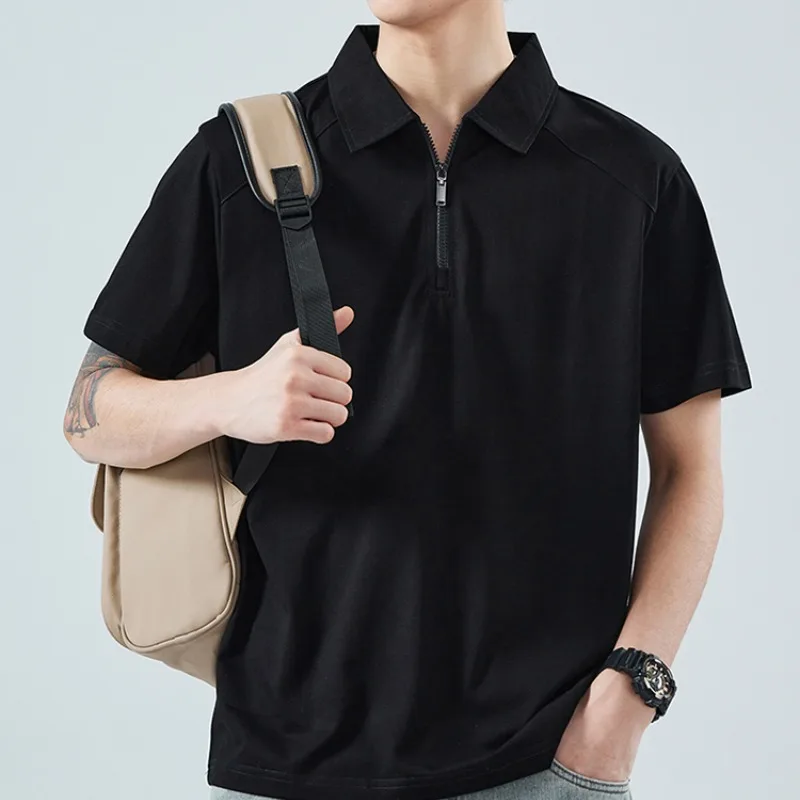 Summer Men's Zipper Turn-down Collar Solid Patchwork Short Sleeve Polo T-shirt Casual Fashion Formal Preppy Style Vintage Tops