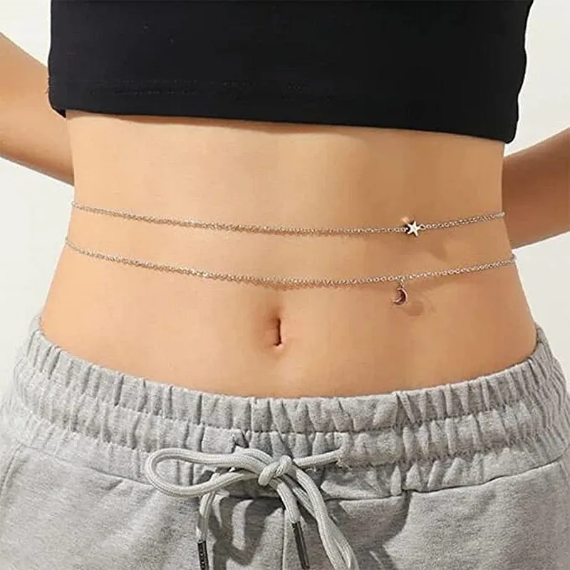 

fashionable street photography, sexy hip-hop body chain, simple double-layer star moon pendant waist chain