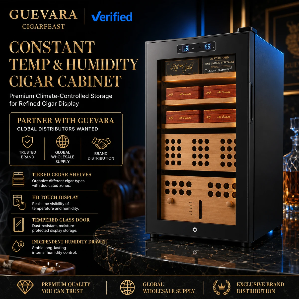 High-End Modern 70L Cigar Humidor Cabinet, Spanish Cedar Standing Storage Box With Lacquer Finish, Elegant Wooden Container