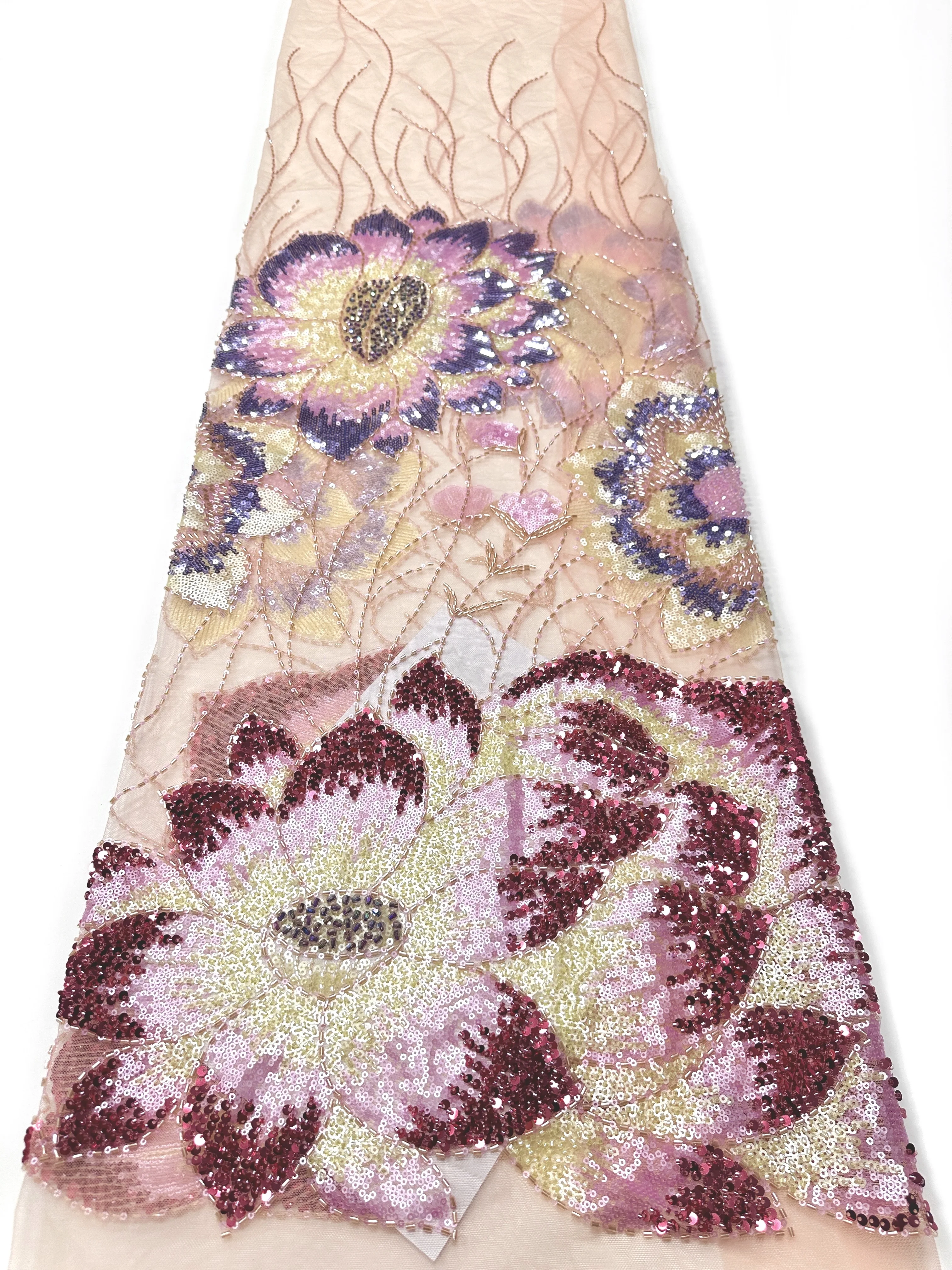 

Luxury Handmade Beaded Lace Fabric with Sequins Mesh for Wedding Dress 2026 France High-End Elegant Nigerian Style