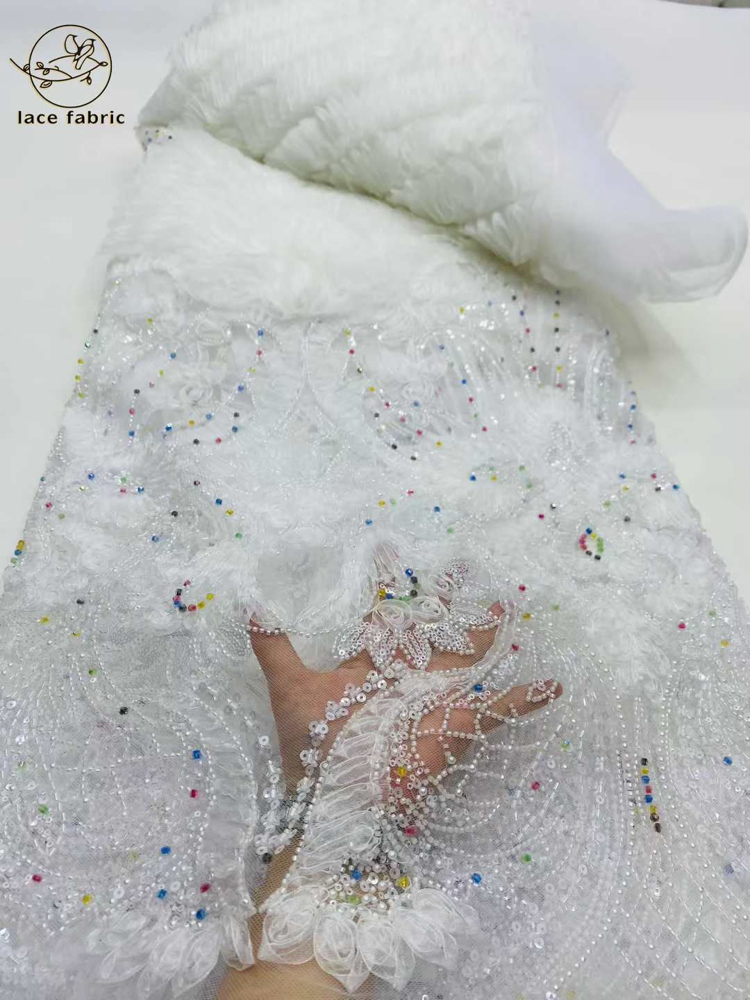 2026 New Style French Sequin Lace Fabric African Tulle 3D Beads Lace Fabric High Quality African Lace Fabric For Nigeria Wedding