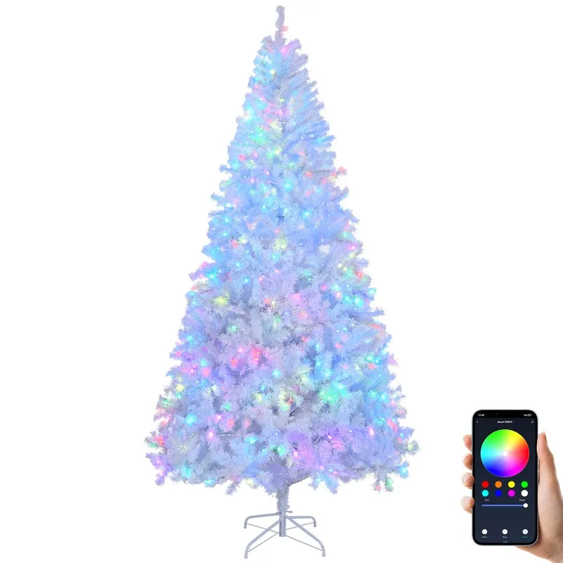 7ft Pre-lit White Christmas Tree, w/Multi-Color RGB Lights, 1150 PVC Branch Tips, Lighted Artificial Christmas Tree