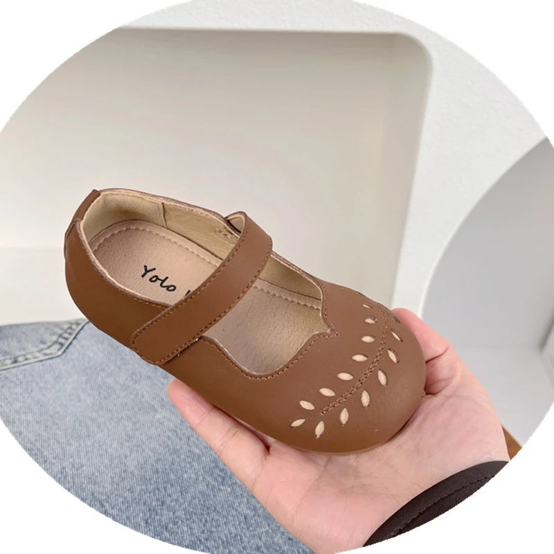 Retro Kids Girls Microfiber Leather Mary Jane Flats Spring Shoes Hollow Toddler Little Gilr Ballet Walkers Dress Casual Footwear