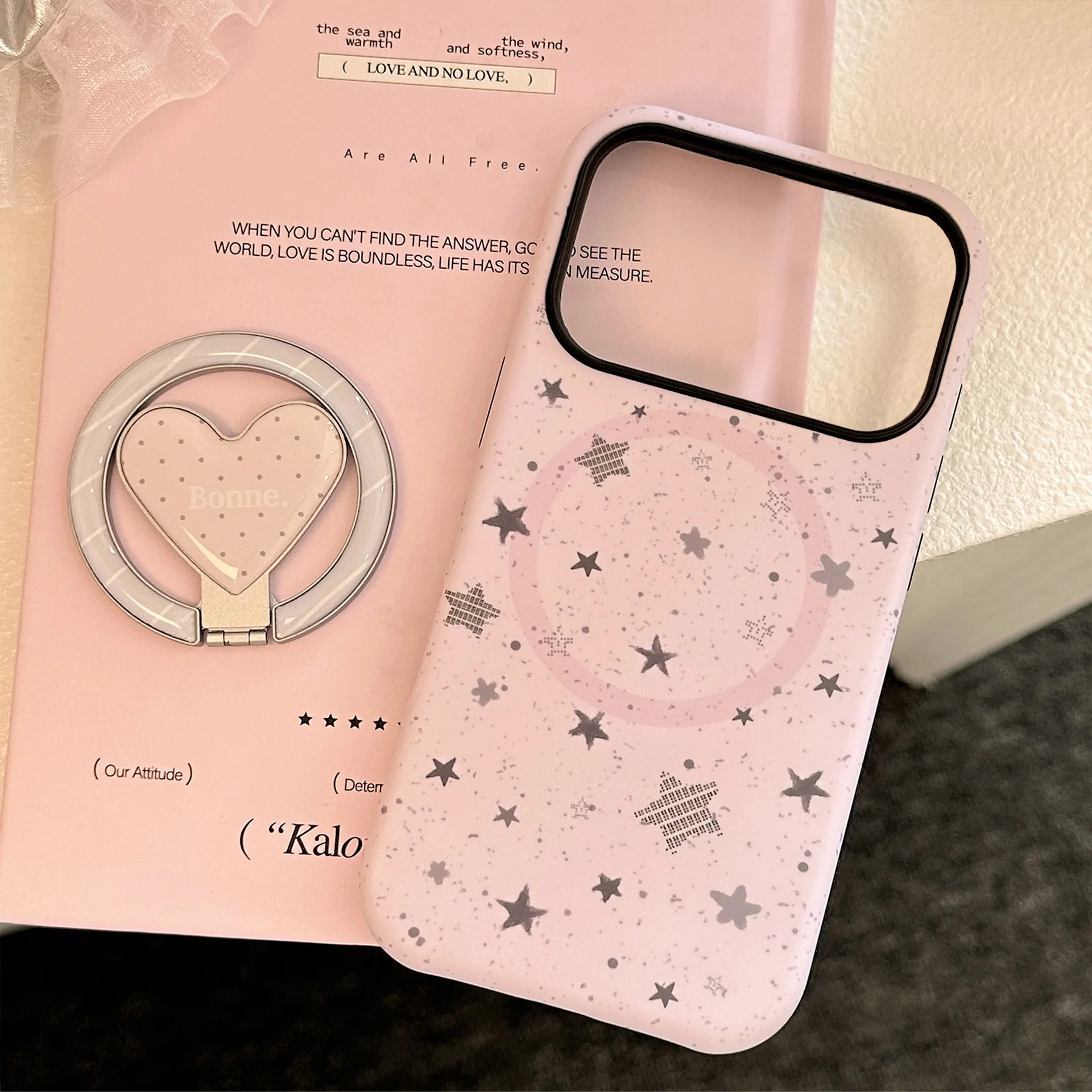 Coque de téléphone antichoc rigide avec support magnétique en forme de cœur pliable et étoiles grises coréennes pour iPhone 17 Air 16 15 14 13 12 11 Pro Max