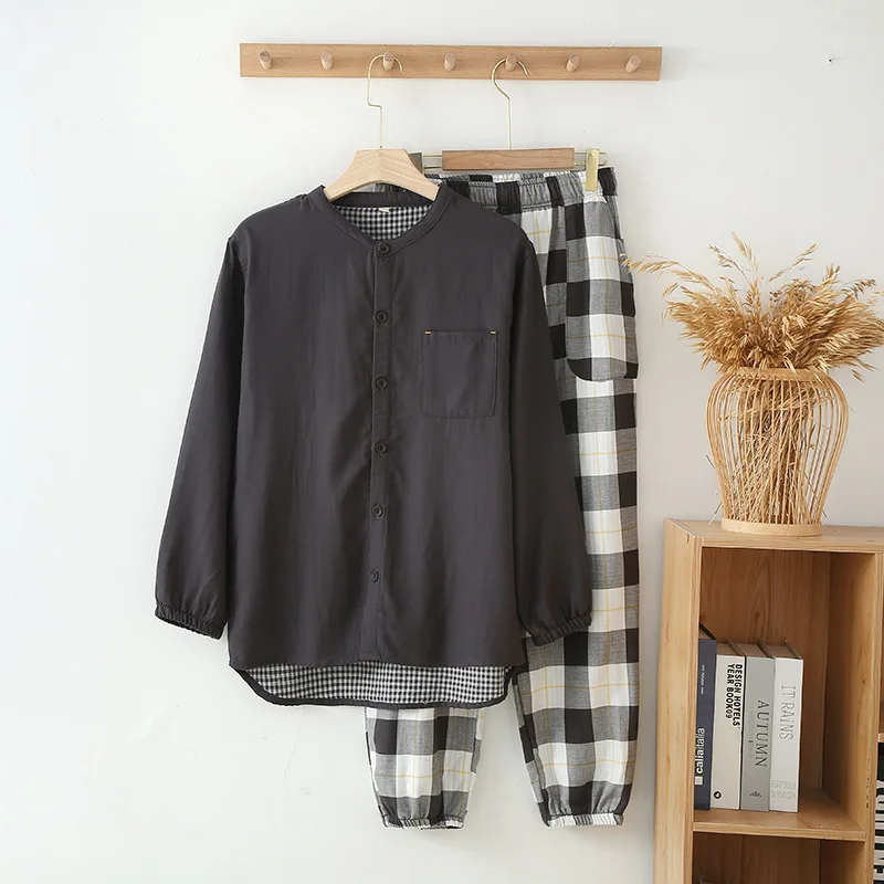 Men Pajama Set Long Sleeve Button Front Top Plaid Jogger Pants 2 Piece Soft Breathable Homewear Casual Loungewear Sleepwear For