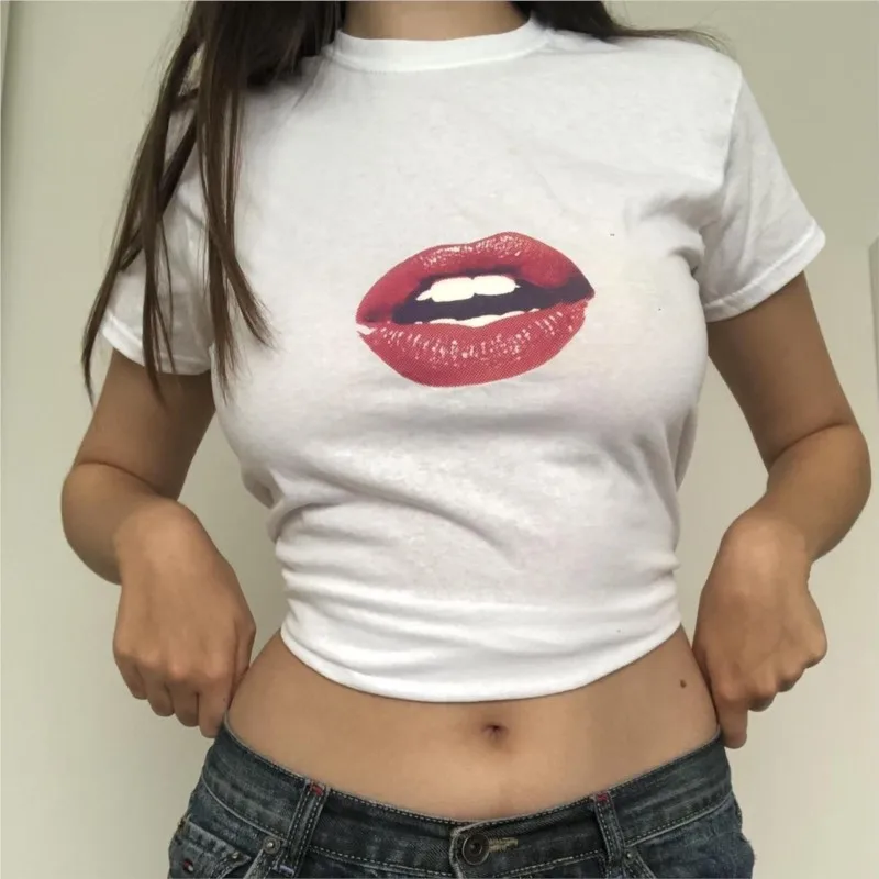 Y2k Clothes Punk Streetwear Sweet Emo Girls Sexy T-Shirts Baby Tee Cute portrait graphics Womens Print Aesthetic Fairy Crop Tops