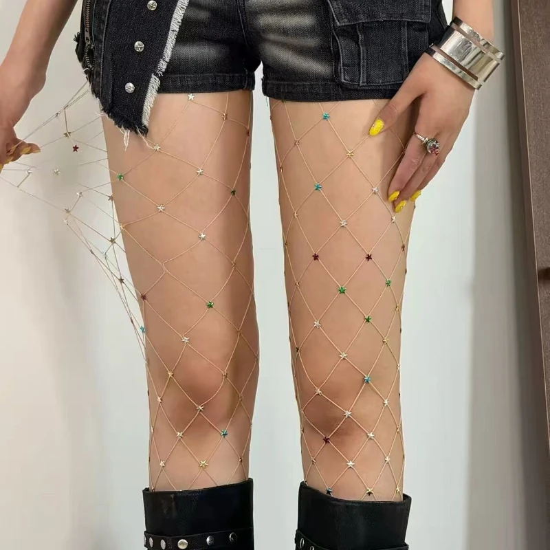 

Y2K Double-Layer Star Print Gradient Purple Layered Tights Egirl Sexy Glitter Sheer Fishnet Tights Festival and Party Outfits