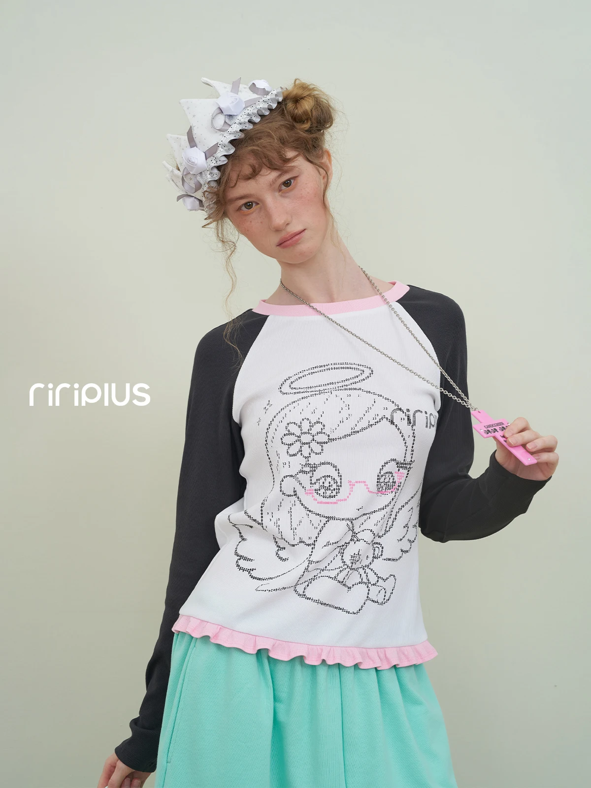 Riverstone plus Floral Print T-Shirt Women's Autumn New Color Collision Lace  Top Collaborative Work Girl's Fashion