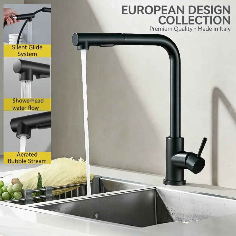 

Upgraded black and silver pull-out telescopic rotary kitchen faucet 2 in 1 dual spray mode, stainless steel hot and cold water f