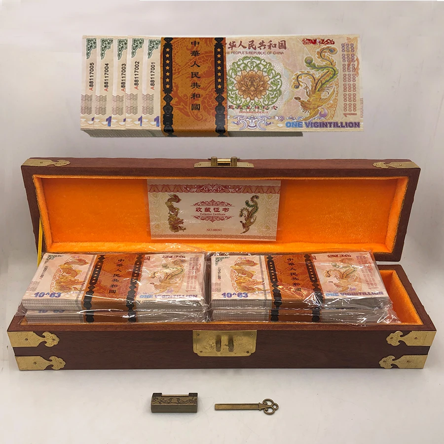 

1000pcs Chinese Dragon and Phoenix One Vigintillion Dollars Yellow Dragon Note Anti-Fake Bills with craft Box for gifts