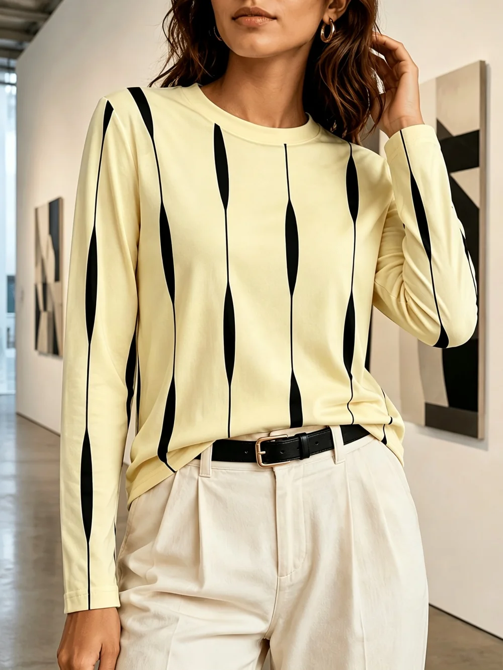 Elegantes Damen-T-Shirt mit 3D-Druck, Herbstmode, Rundhalsausschnitt, langärmelig, gestreift, schlicht, für den täglichen Gebrauch, Damenbekleidung. – Detail 5