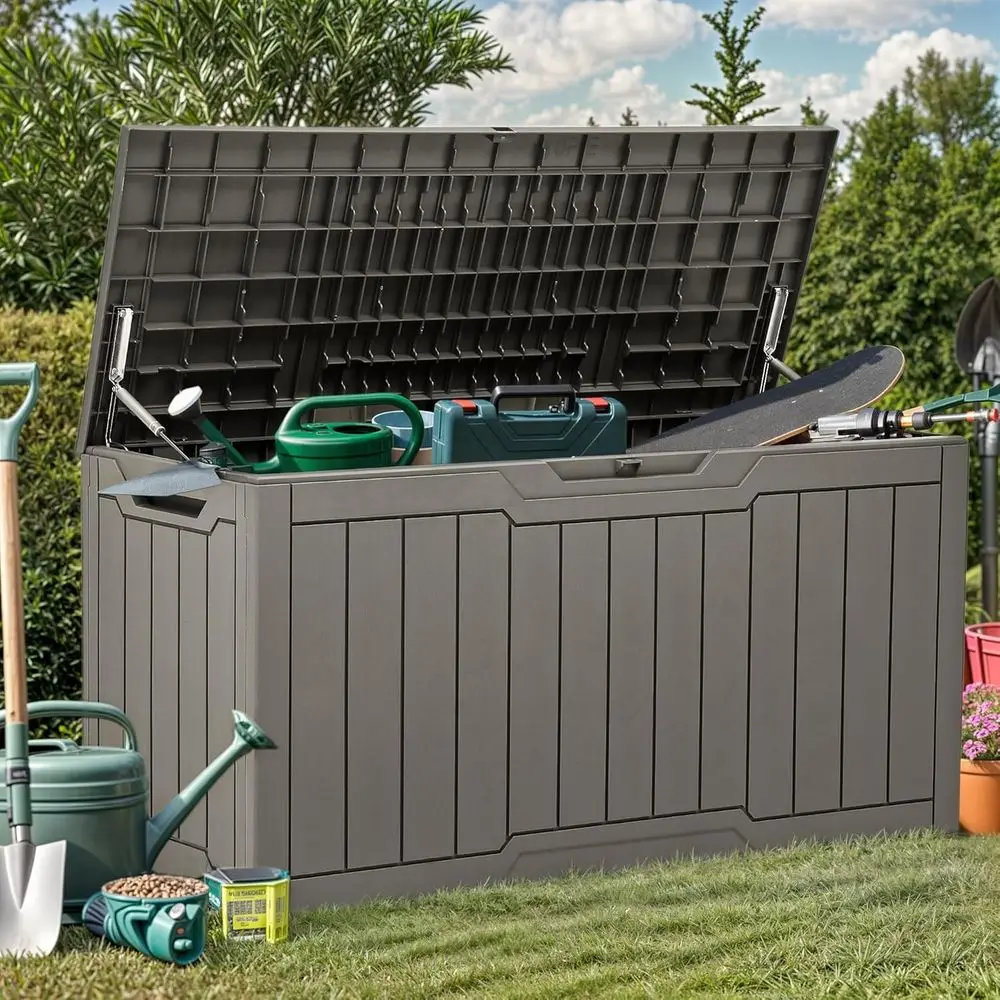 

Resin Deck Storage Box, Waterproof Outdoor Bench with Lockable Storage, Taupe
