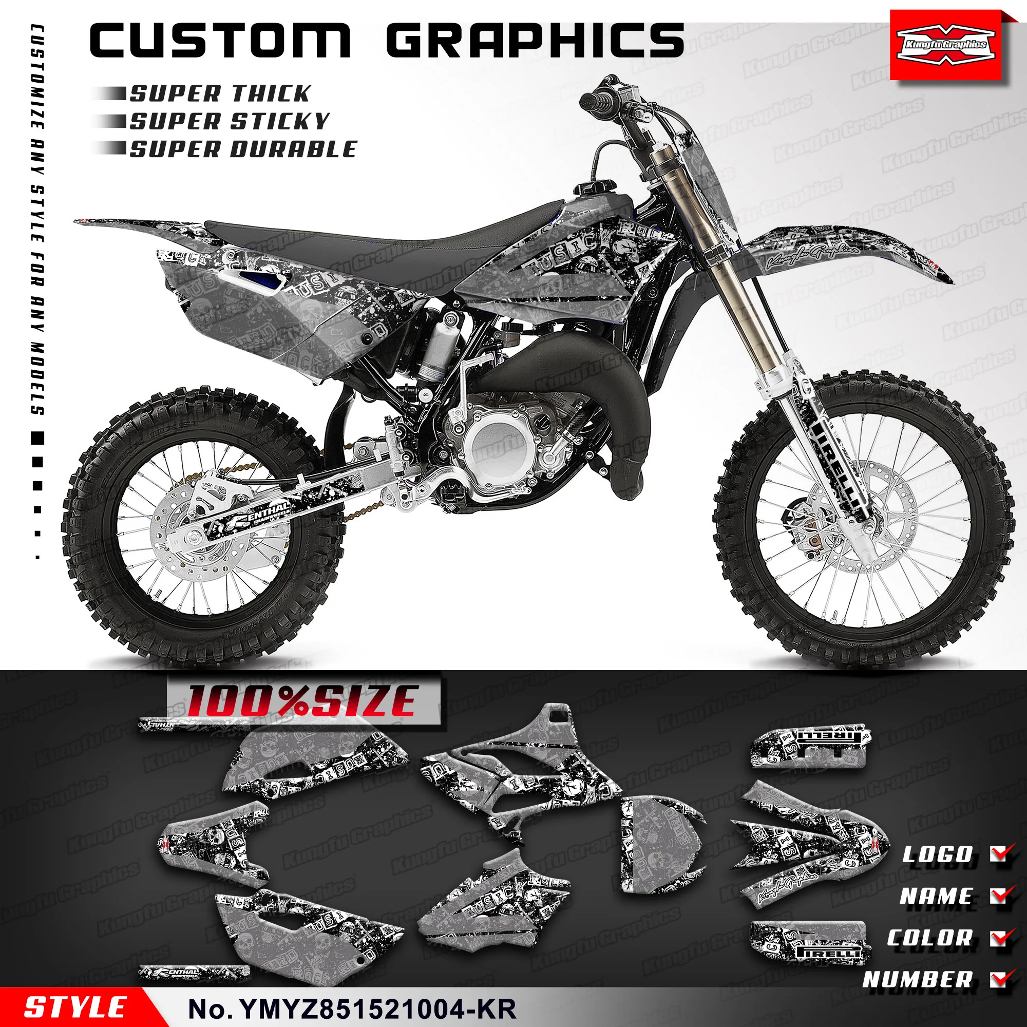 

KUNGFU GRAPHICS Custom Sticker MX Deco Kit for Yamaha YZ85 YZ 85 2015 2016 2017 2018 2019 2020 2021, Gray