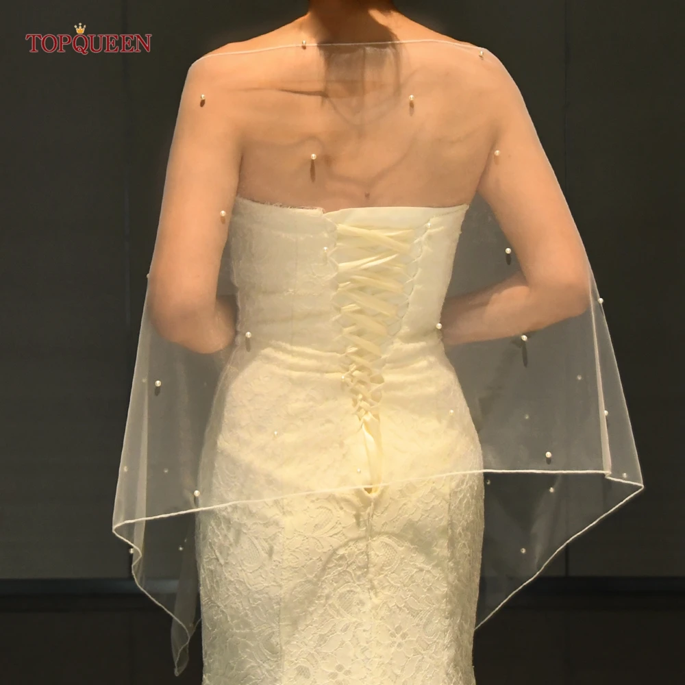 

TOPQUEEN Elegant Women's Shawl Pearls Rhinestones Tulle Chest Wrap Blouse Bridal Wedding Dress Accessories Top Cardigan VG91