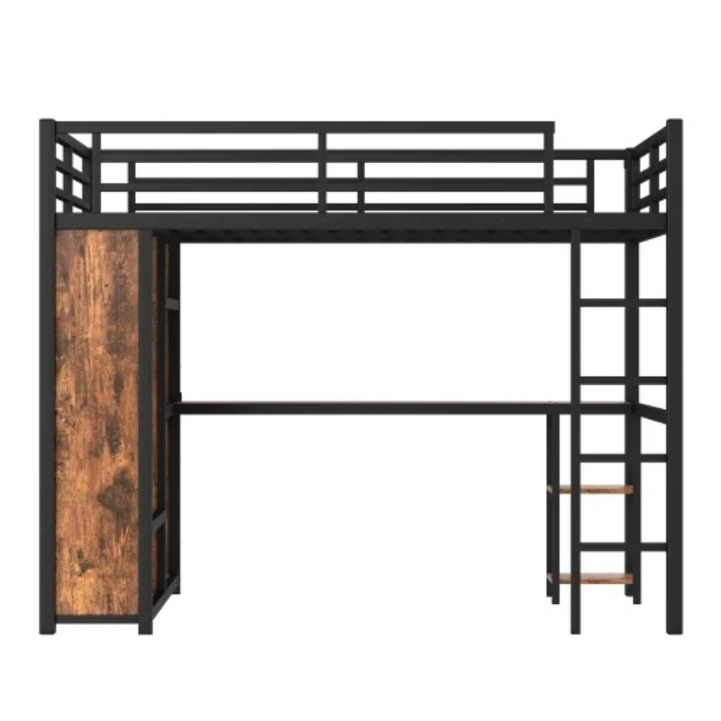 

Loft Bed Frame with Built-in Wardrobe, Metal Loft Bed with Desk and Storage Shelves, Woodgrain