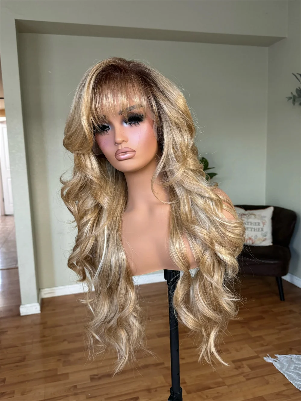 Light Honey Blonde Highlighted Lace Front Wig with Bangs Rooted Long Wavy Synthetic Fringe Mixed Human Hair Natural Women's Wig