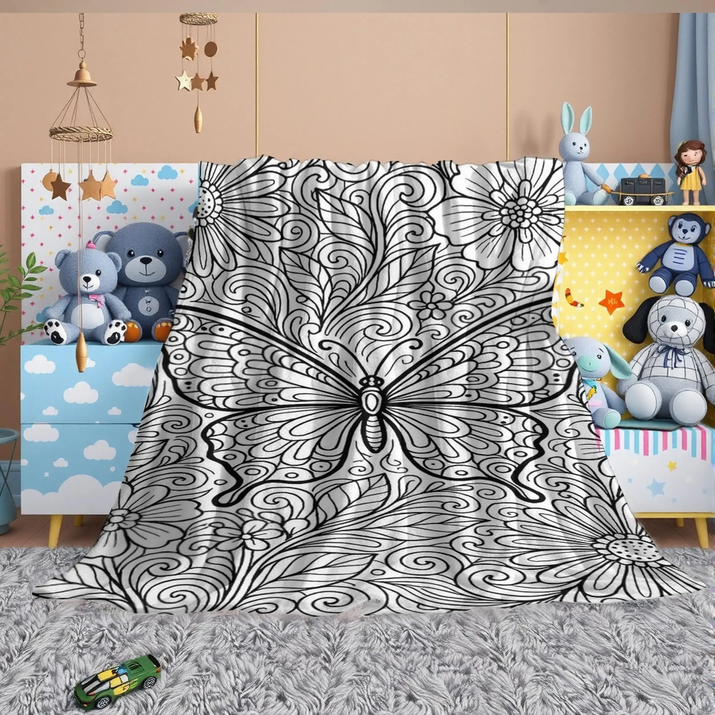 Line Art Butterfly Floral Flannel Throw Blanket, Doodle Flower Leaf Soft Warm Blanket for Sofa Bed Home Decor Gift Ideas Now
