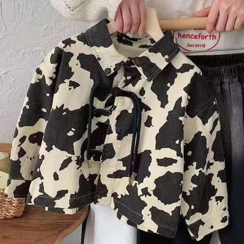

Boys Jackets Cotton Turn Down Collar Toddler Boy Coat Printed Spliced Baby Boy Outerwear Coat
