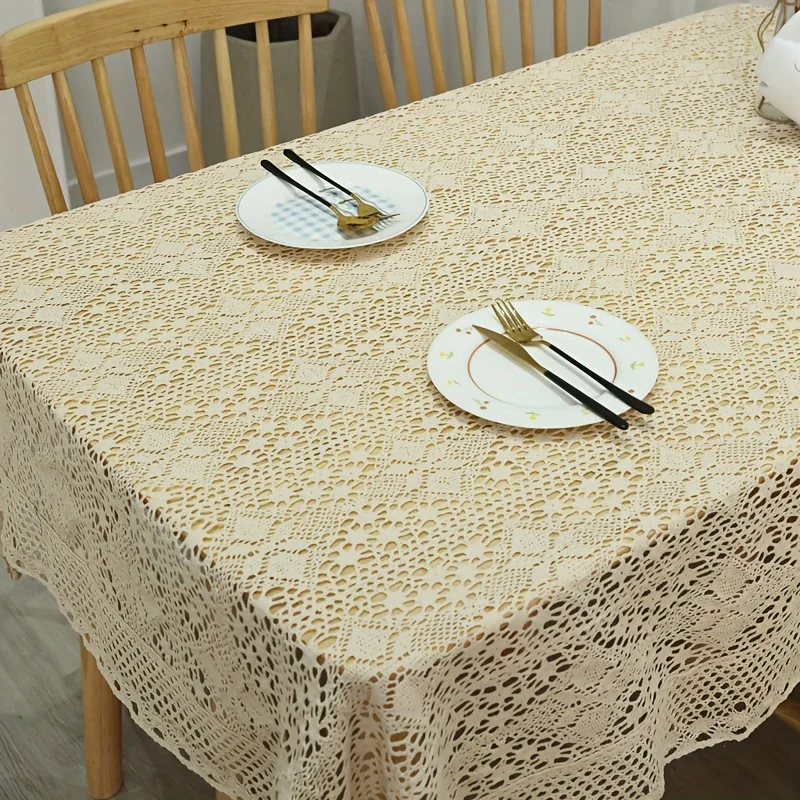 Vintage Crochet Tabletop Set Pastoral Style Lace Tablecloth with Four Leaf Flowers Suitable for Long Tablesand Family Gatherings