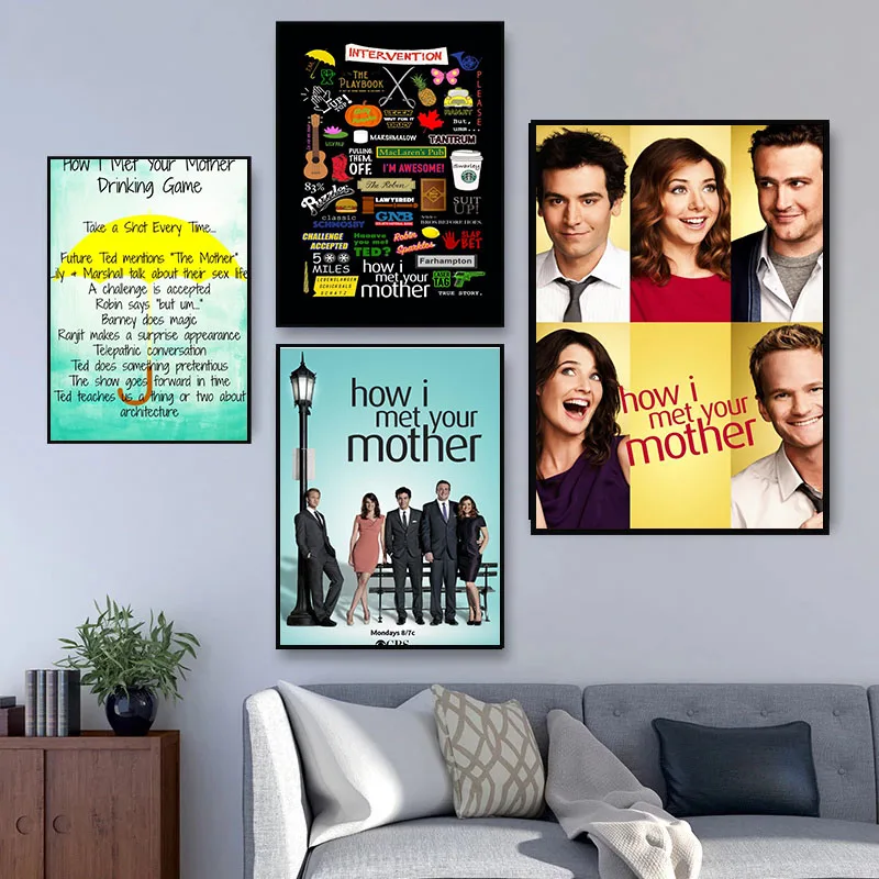 كيف قابلت والدتك ملصق جدار لغرفة المعيشة ملصق فني الديكور نسيج الساتان الألوان الزاهية لا الإطار موردن طباعة الجدار