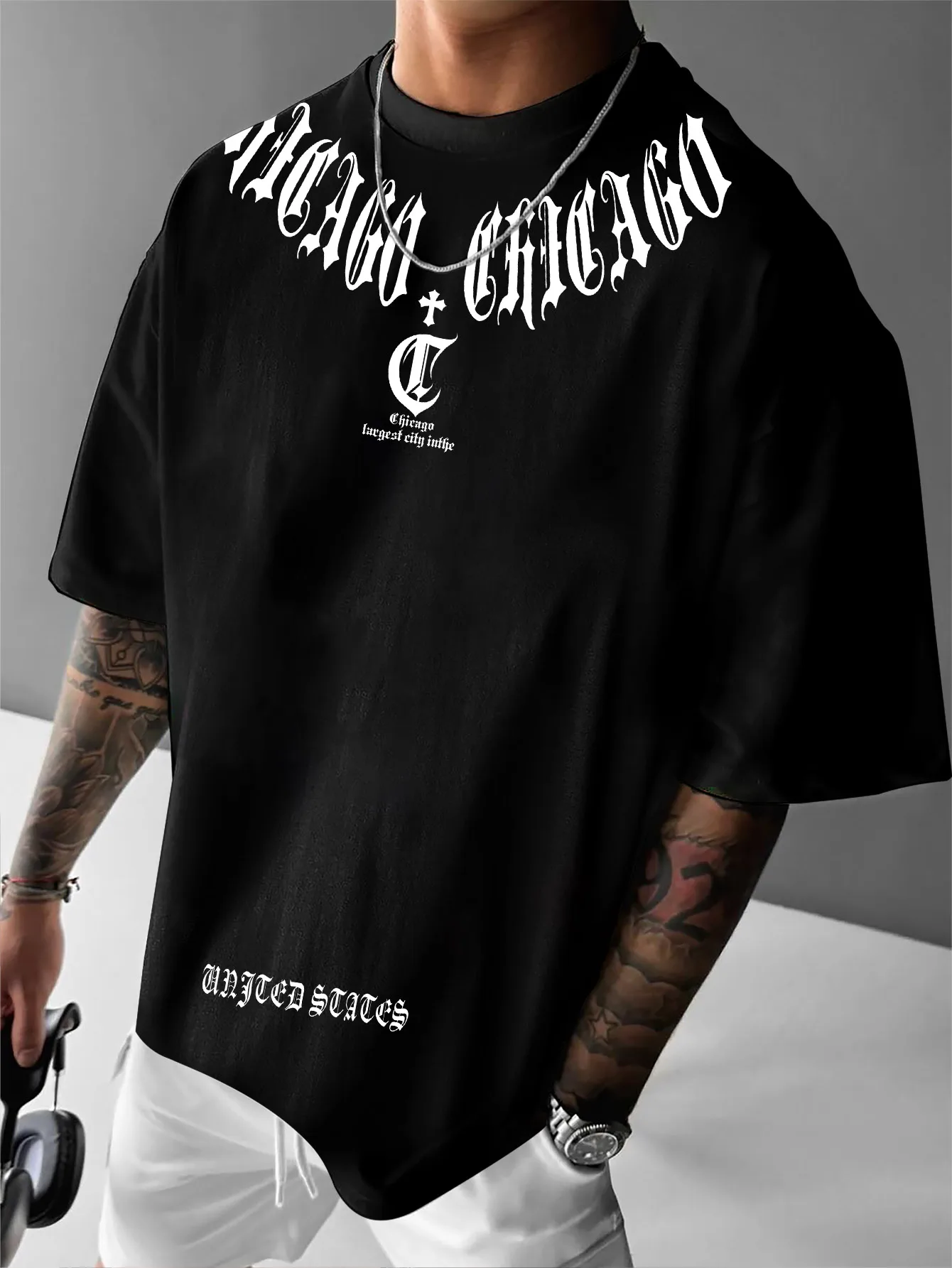 New Men's Chicago Gothic T-Shirt Neckline Script Print Streetwear Crew Neck Short Sleeve Polyester Tops S-XXL