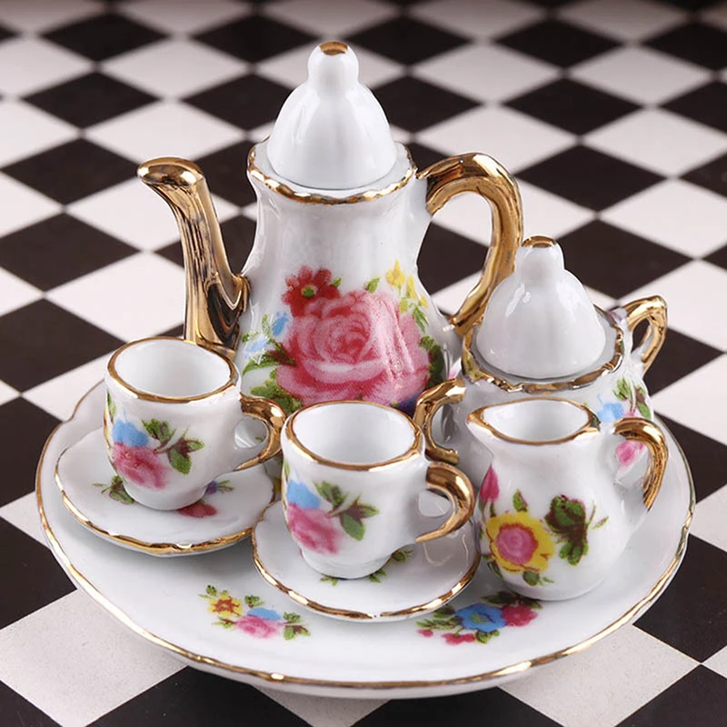 8pcs/Set 1/12 Dollhouse Miniature Vintage Print Ceramics Tea Set Teapot Teacup Tray Kitchen Tableware Model Doll House Decor