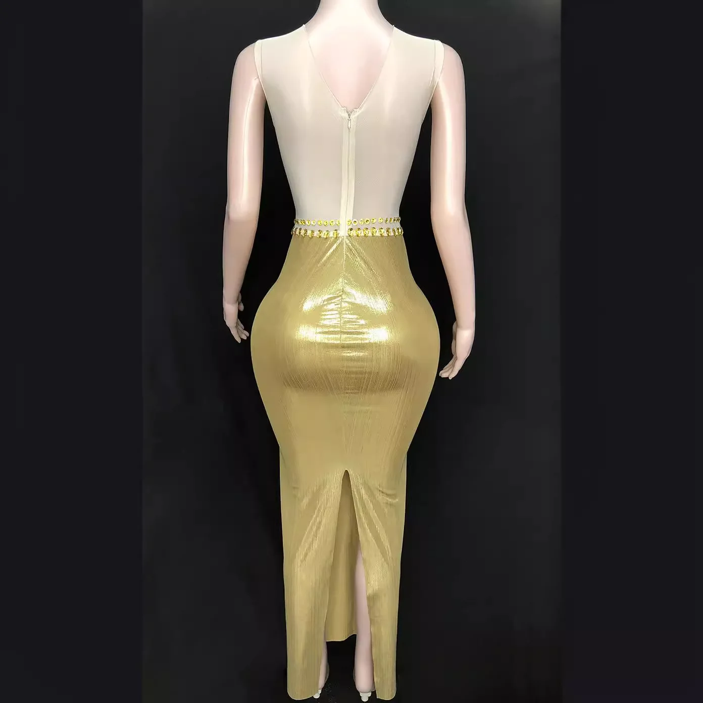 Abito da festa lungo senza maniche girocollo con diamanti lucidi dorati Abito da festa lungo con spacco sul retro Stile sottile sexy Robe De Soiree Elegante Pour Femme