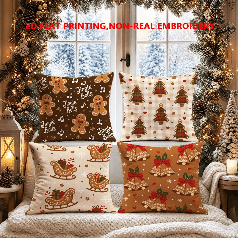 2D FLAT-4pc Christmas Farmhouse Pillow Covers Sofa and living room decoration, single-sided printing, without pillow core