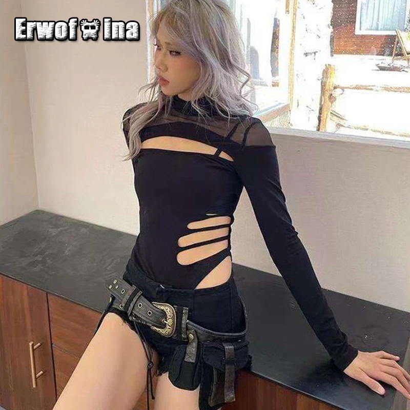 

Erwofeina Hotsweet Sheer Mesh Top Asymmetrical Hollow Out Long Sleeve 2000s Clothes Y2k Korean Fashion Women Top Turtleneck Tees