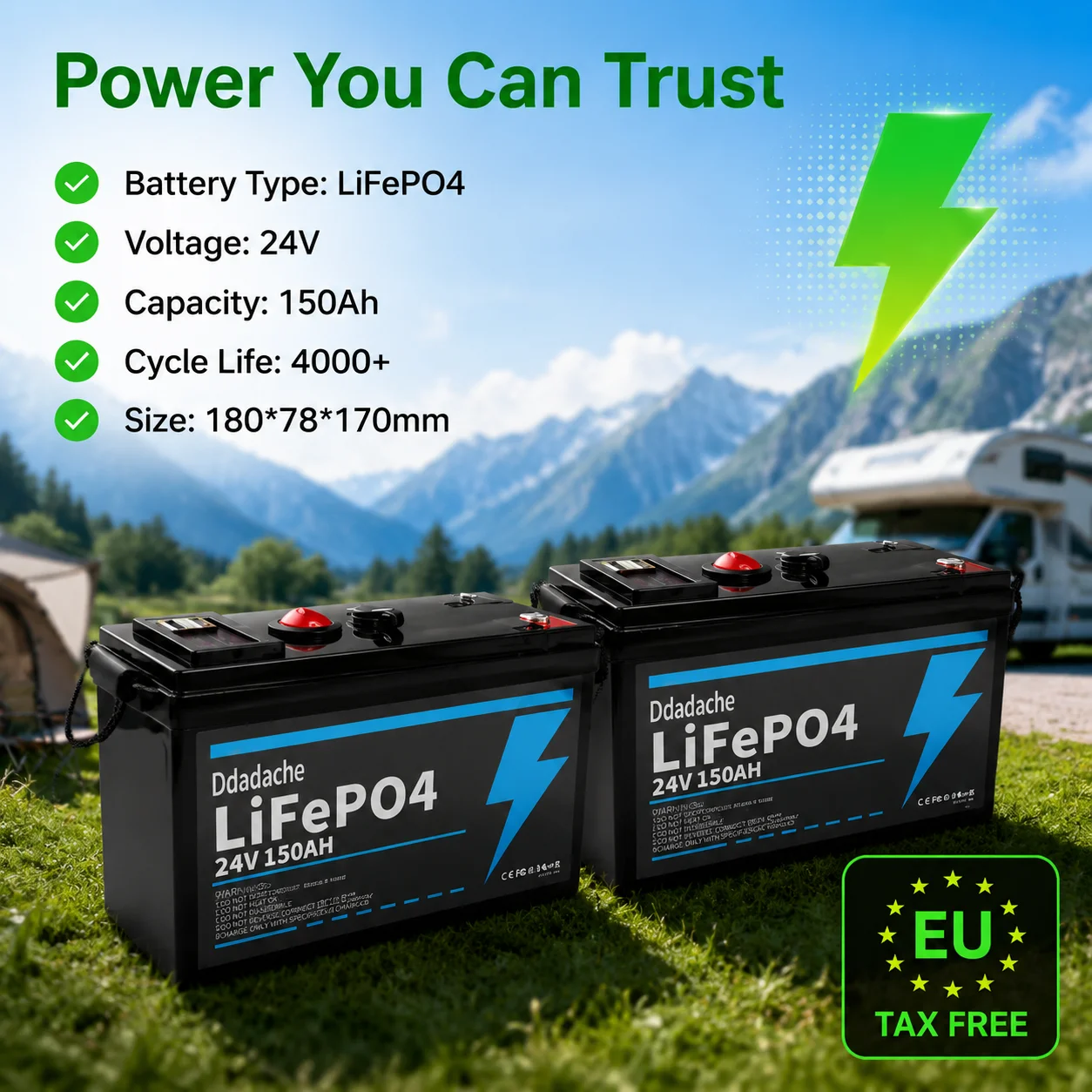 24V 150Ah Wiederaufladbare LiFePO4-Batterie mit intelligentem BMS-Schutz, Lithium-Batterie geeignet für Solarsysteme, Wohnmobile, Boote, Camper, Vans und Schiffe