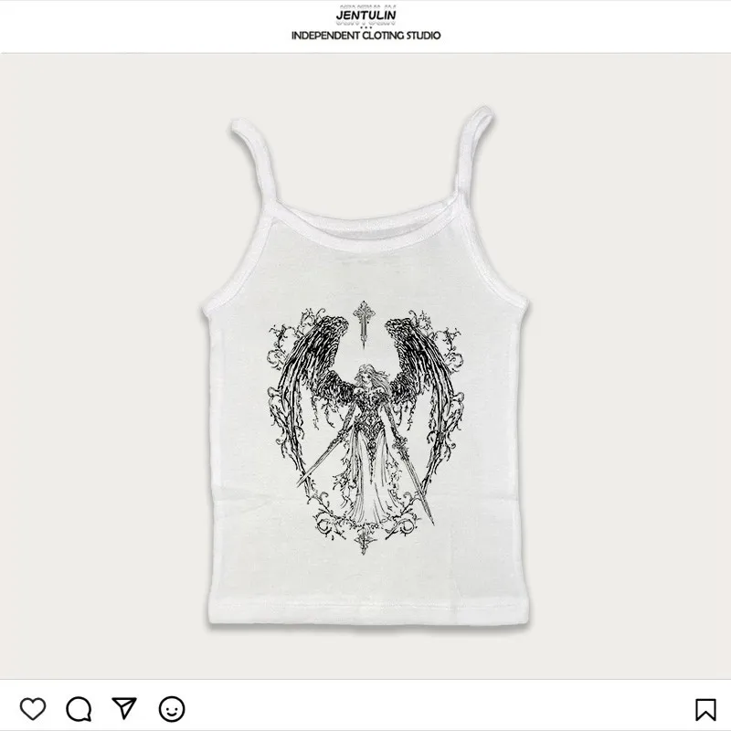 빈티지 여성 고딕 프린트 탱크탑 슬림 그런지 크롭탑 레트로 Y2K 탑 스트릿웨어 그래픽 탱크 & 캐미솔 탑 에모 걸스 코르셋