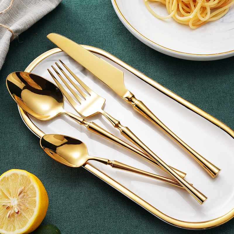 

KuBac Hommi 24Pcs Shiny Gold Dinnerware Set 18/10 Stainless Steel Mirror Gold Cutlery Set Silver Black Rose Gold Color Drop Ship